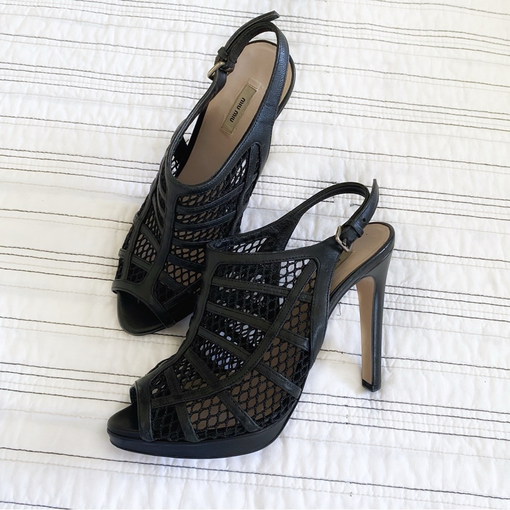 MIU MIU Heels Peep Toe Cage Style Black Leather Mesh Platform size 37.5